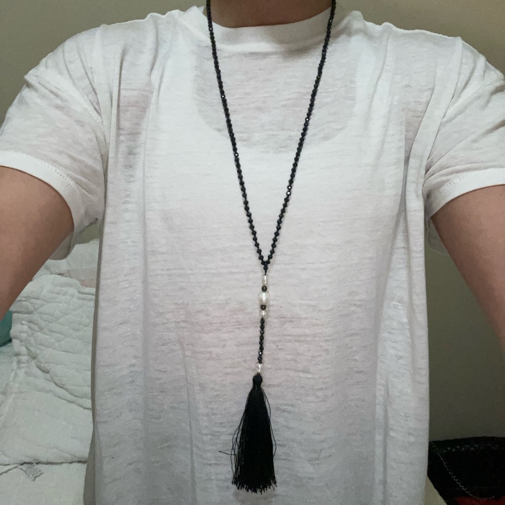 Zacasha Black Crystal and Bali Pearl Tassel Necklace